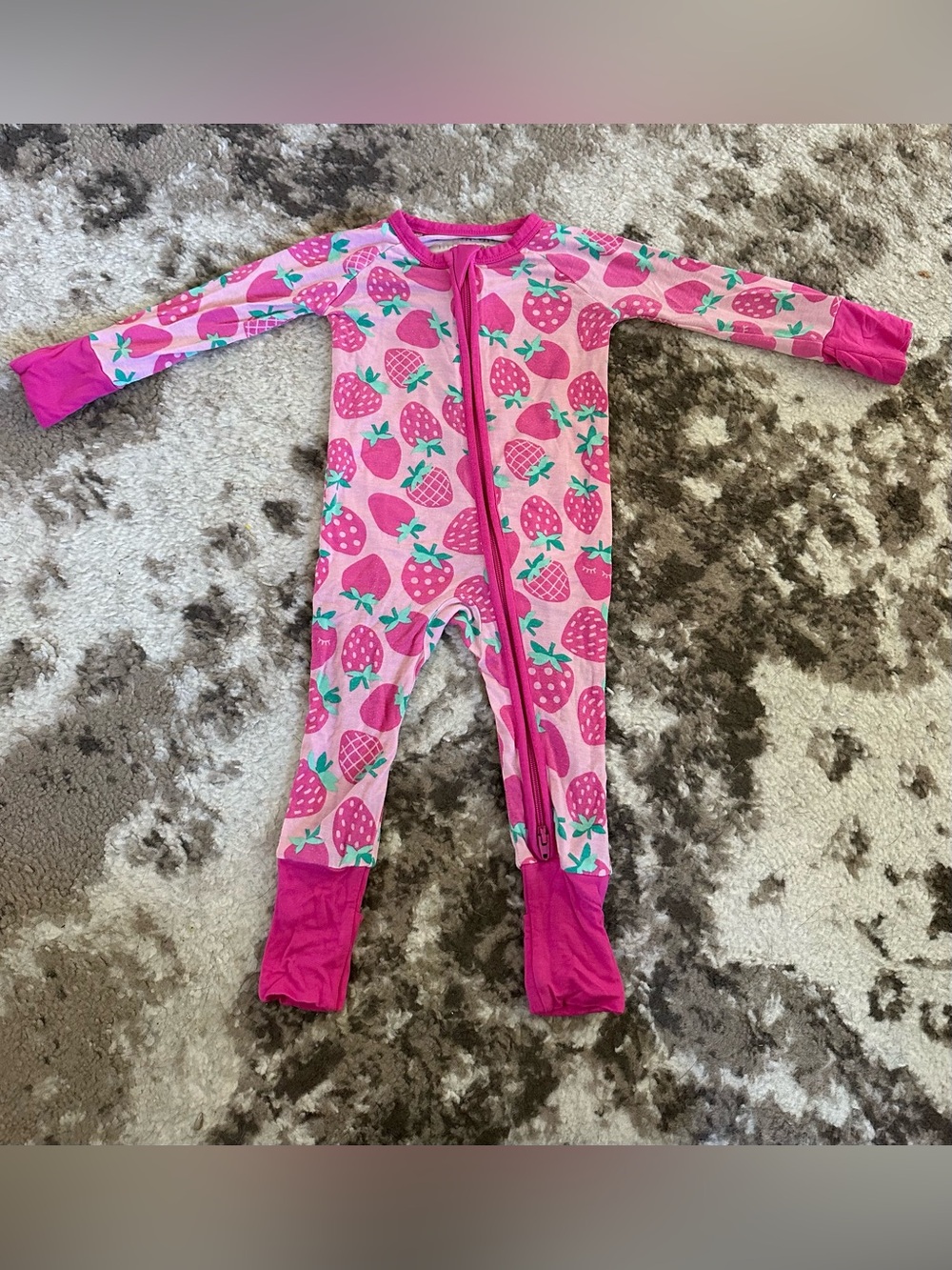 Little Sleepies Pink Strawberry Zip-Front Footed One-Piece